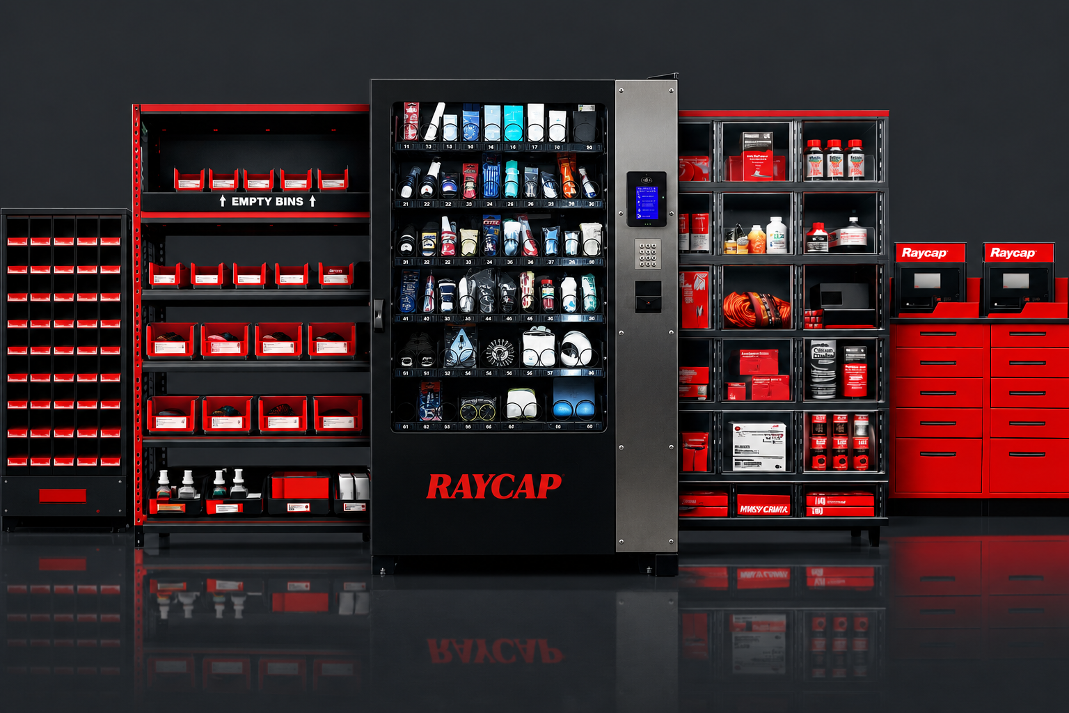 Raycap-branded VMI vending machine and managed inventory shelving system